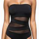 Holipick Women Strapless Bandeau One Piece Swimsuits Sexy Mesh Cutout Bathing Suits Tummy Control Swimwear (Black 1)