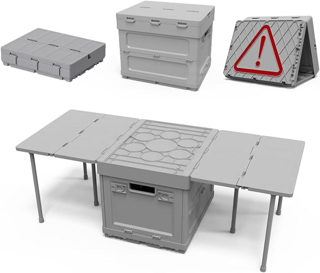 Folding Storage Camping Box with Table,3 in 1 Lightweight Camp Storage Box with Parking Warning Sign,Portable Foldable Compartment Table for Indoor, Outdoor, Fishing, BBQ, Picnic, Gray