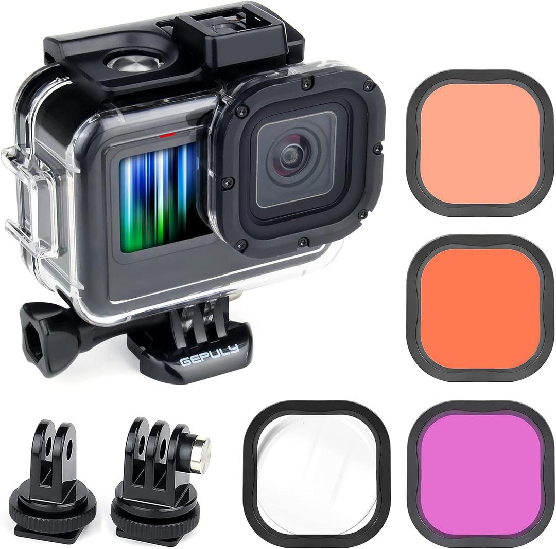GEPULY Waterproof Case with Dive Filters for GoPro Hero 13 12 11 10 9 Black, 60M Underwater Protective Dive Housing Case with Red, Snorkel, Magenta, 5X Close-up Macro Filters
