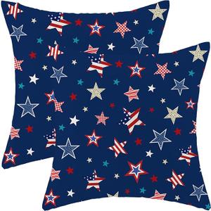 4th of July Pillow Covers 20 x 20 Inch, Red Blue White Patriotic Star Outdoor Decor Throw Pillows for Couch Bed, Independence Day Memorial Day Decorative Pillowcase Linen Cushion Cover Set of 2