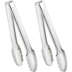 2 Pack Serving Tongs Serving Utensils Salad Tongs Metal Buffet Tongs Non-slip & Easy Grip Stainless Steel Plated Buffet Serving Tongs, Salad, Ice, Oven (9.5 Inch) (Silver)