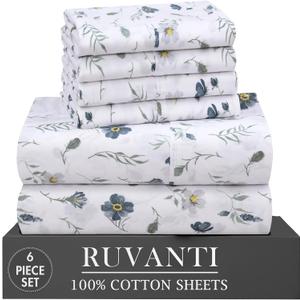 RUVANTI 6 Pcs Cotton Sheets - 100% Natural Cotton Soft, Lightweight & Breathable Crispy Percale Bed Sheets, Queen Sheet Set 16" Deep Pockets, Coastal Blue