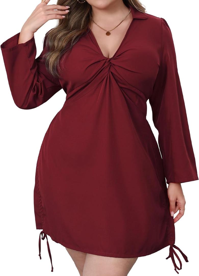 VillbeCoser Womens Plus Size Dress Long Sleeve V Neck A Line Mini Short Cocktail Summer Casual Dress (3X, Burgundy)