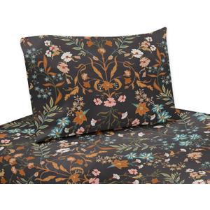 Sweet Jojo Designs Boho Wildflower Vintage Floral Girl Queen Sheet Set Flat Fitted Bed Sheets Pillow Covers Kids Childrens Adult Bedding 4p Black Orange Teal Bohemian Farmhouse Botanical Cottagecore