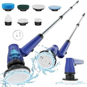 Electric Spin Scrubber Cordless Bathroom Scrubber with Adjustable Long Handle, 2 Speeds Power Cleaning Brush with 7 Replaceable Brush Heads for Bathtub, Tile, Floor (Blue)
