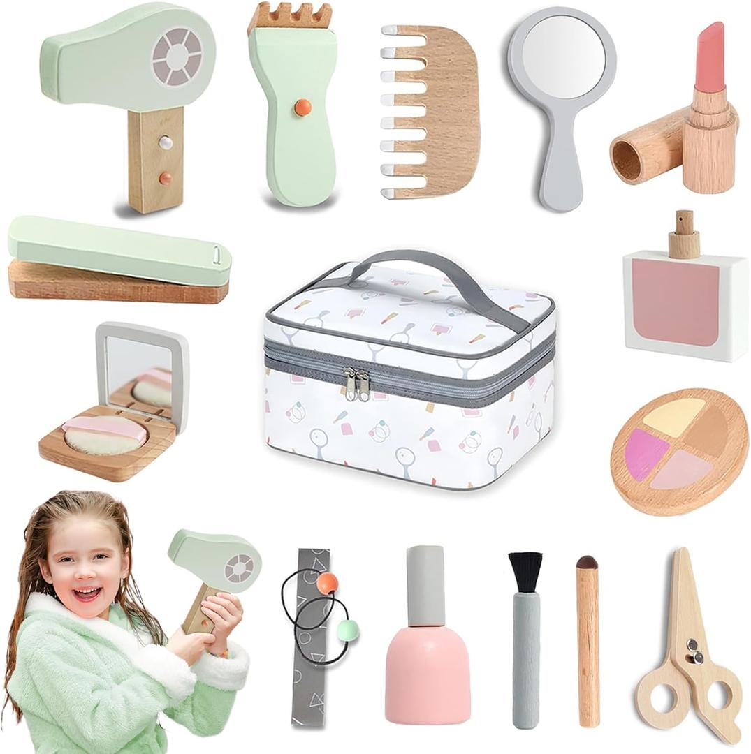 Wooden Makeup Toy Set, Pretend Play Wood Beauty Salon Playset for Girls, Wood Makeup Kit with Cute Fake Makeup Set Gift for Toddler 3 4 5 6 7