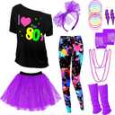 Vabean 19 Pcs 80s Costume Set T Shirt Leggings Tutu Skirt Headband Necklace Bracelets Earrings Gloves Leg Warmers for Women (Purple, S)