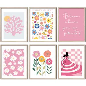 3 x 6Pcs Funny Pink Wall Decor for Girls Dorm, Flower Market Posters Prints Aesthetic Bedroom Wall Art for Dorm Living Room, Pink Poster, Unframed, 8 x 10 Inch -A09