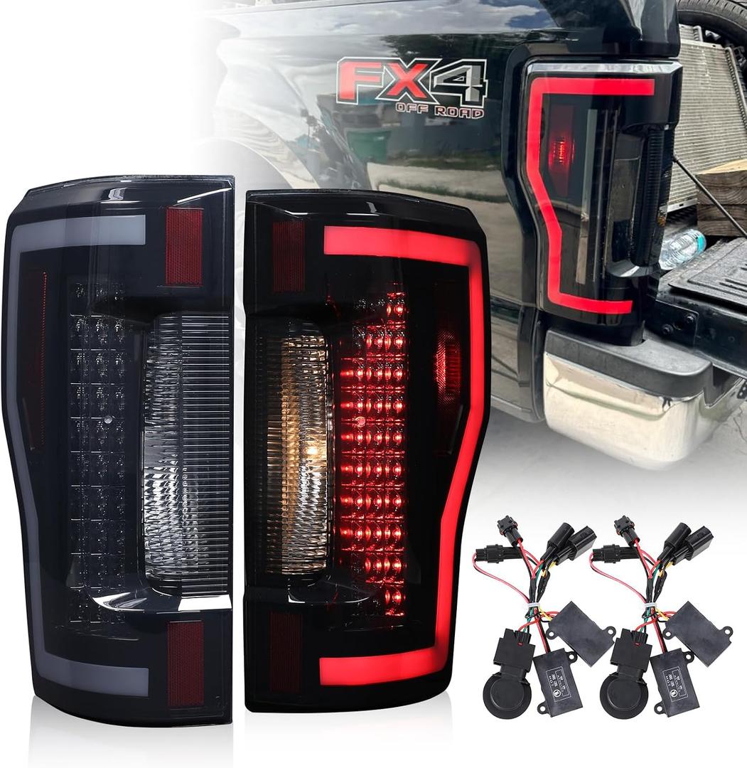 LED Tail Lights Compatible with 2017-2022 Ford F250 / F350 / F450 Super Duty Sequential Turning Light & LED DRL Tail Lamps Replacement Assembly 1 Pair (Black Housing,Smoke Lens)