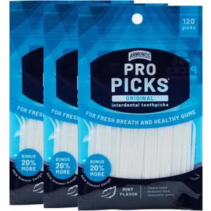 ProPicks Original Dental Picks for Teeth Cleaning - Disposable Plastic Toothpicks for Teeth & Gums - Cleans Teeth & Massages Gums - Fresh Mint Flavor - 3 Packages x 120 Interdental Tooth Picks