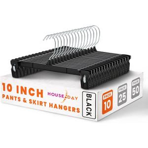 HOUSE DAY Pants & Skirt Hangers - 10 Pack Pants Hangers with Non-Slip Big Clips - Closet Hangers for Shorts, Shirts, Jeans, Slacks, Clothes, Clothing - Durable, Slim & Space Saving, Black - 10 Inch