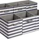 Amazon Basics Cube Organizer Storage Bins Handles, Collapsible Fabric, Pack of 6, 10.5"x10.5"x11", White/ Light Grey Stripe