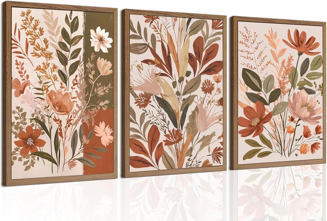 zxcvbn888 3Pcs Boho Floral Wall Art Vintage Botanical Canvas Pictures Nature Flower Posters Earth Tone Painting Bouquet Prints Wall Decor for Bathroom Bedroom Living Room Office Unframed