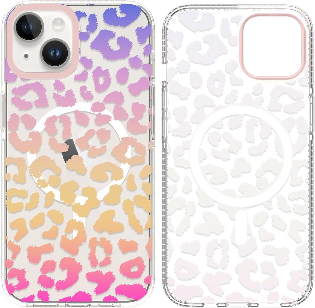 SAKUULO Magnetic for iPhone 15 Case Colourful Leopard Print Pattern [Compatible with MagSafe] [with Screen Protector] Wireless Charge Strengthen Protection Cover, Colourful Leopard (6.1")