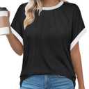 Womens Summer Pleated Shirts Color Block Trendy Tops Dressy Casual Cap Sleeve Blouses Business Shirt Striped Outfits (M, Black)