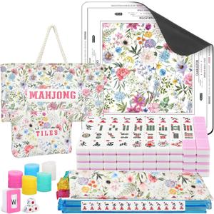 179 Pcs American Mahjong Tile Set with Floral Carrying Bags 166 Tiles 4 All in One Color Racks Pushers Mat Accessories Mahjong Game Set for Family Game Night Gifts Travel Home Play, 31.5 x 31.5 inches