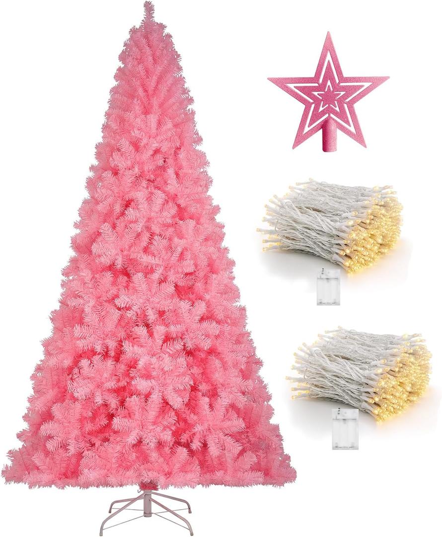 KTKDE 6ft Artificial Pink Christmas Tree, Xmas Tree with 1005 Branch Tips and Decorations(Pink Top Star, 2set 200 Tips Battery Boxes Powered) Metal Stand, Suitable for Home Office Store Bar