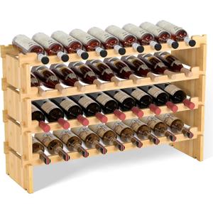 Domax Wine Rack Freestanding Floor - 36 Wine Bottle Holder, Large Stackable Wooden Storage Racks for Inside Cabinet and Countertop (Yellow)