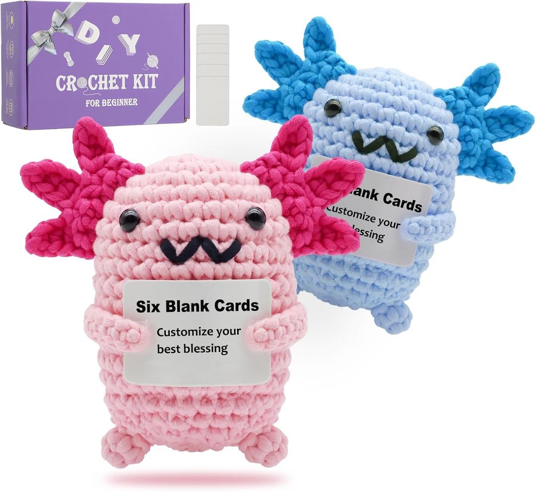 Auoinge Crochet Kit for Beginners Kids, Learn to Crochet Starter Kit with Step-by-Step Video Tutorials, Amigurumi Beginner Crochet Kit for Adults, Knitting Kit Family (Axolotl-2BP)