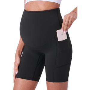 POSHDIVAH Women's Maternity Shorts Over The Belly Biker Yoga Active Pregnancy Workout Short Pants with Pockets 8" (Medium)
