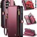 Defencase for Samsung Galaxy Z Fold 7/ Fold7 Wallet Case with RFID Blocking 10-Card Holder, Fashion Soft PU Leather Magnetic Snap Flip Zipper Wrist Strap Phone Case for Galaxy Z Fold 7 5G, Red