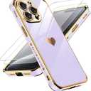 LeYi for iPhone 15 Pro Max Case: with Tempered Glass Screen Protector [2 Pcs]+ Full Camera Lens Protection,Love Heart Plating Girly Cute Luxury Soft TPU Shockproof Case for 15 Pro Max,Purple + Compatible for iPhone 15 Plus Case Cute Clear Oil Flower Floral Design for Girls Women Soft TPU Shockproof Protective Girly for iPhone 15 Plus-Pink Flower + Akeivare Compatible for iPhone 15 Case Cute Clear Flower