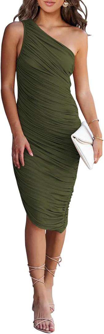 PRETTYGARDEN Summer One Shoulder Dresses for Women 2025 Elegant Mesh Ruched Asymmetrical Wedding Guest Cocktail Bodycon Dress (Small, Army Green)