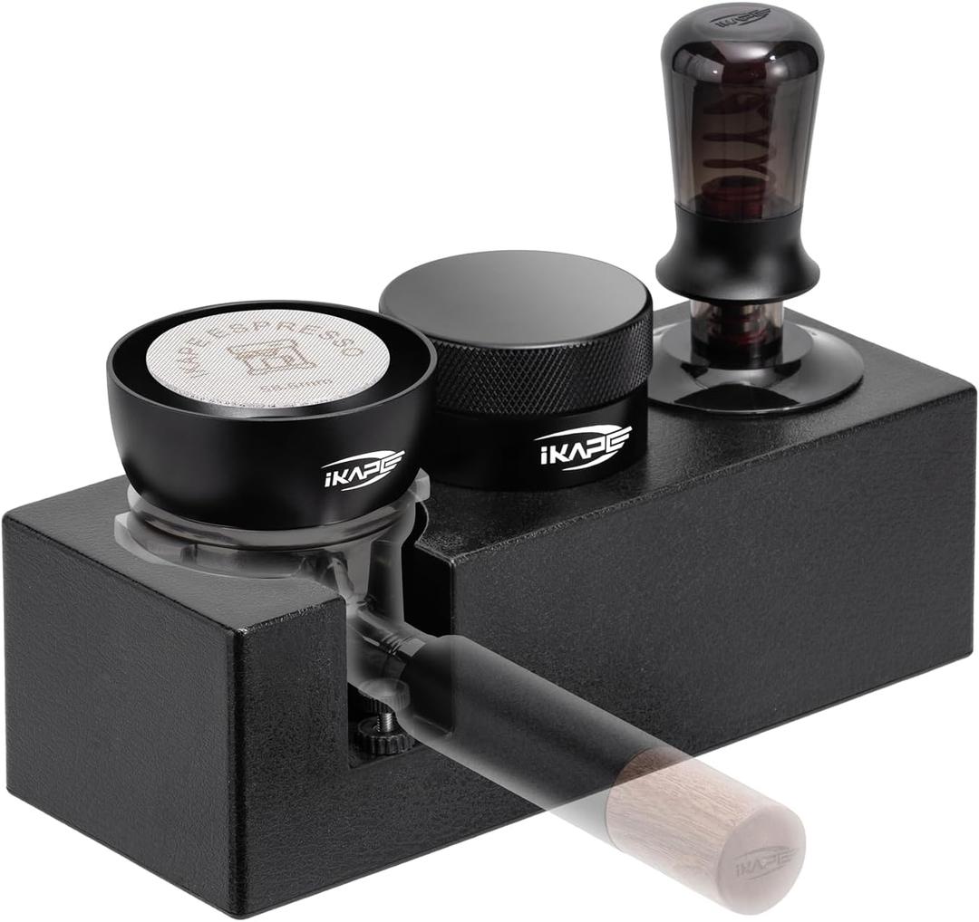 IKAPE 53MM Espresso Tamper Kit Black 6 IN 1, Featuring Coffee Tamper, Distributor, Tamper Station, Magnetic Dosing Funnel, Puck Screen, and Towel