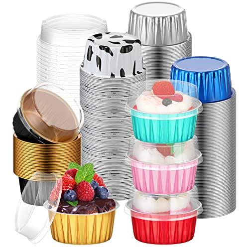 120 Pcs Aluminum Foil Baking Cups Mini Cake Pans with Lids 5 oz Cupcake Liners Disposable Muffin Tins Wrappers Baking Foil Ramekins Pans Aluminum Cupcake Cups for Birthday Party(Multicolor)