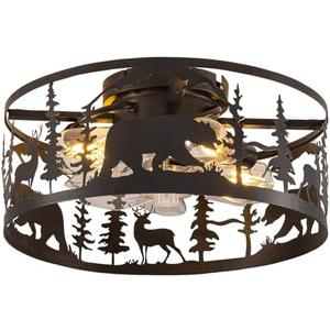 Farmhouse Caged Ceiling Fans with Lights and Remote Control,Rustic Black Chandelier Fan with Bear Deer Design,Flush Mount Low Profile Fandelier for Bedroom,Dining Living Room,Foyer