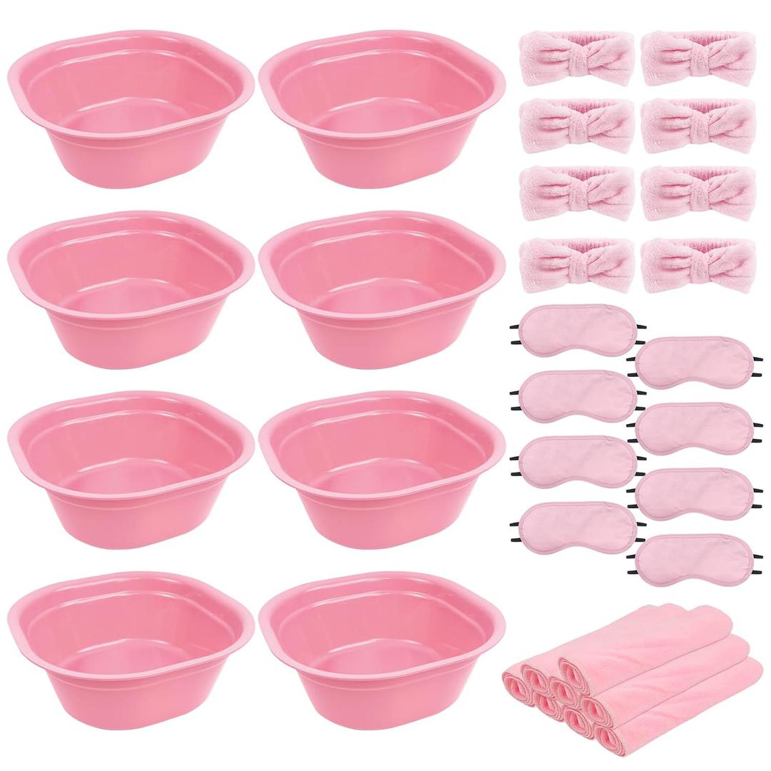 32 Pcs Foot Spa Kit for Kids, Light Pink 8 Foot Tubs for Soaking & 8 Towels & 8 Hairbands & 8 Eye Masks, Spa Party Supplies for Girls for Sleepovers Slumber Party