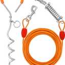 Petbobi Dog Tie-Out Cable and Stake - 30ft Heavy Duty Cable with Spring, No Tangle, 16in Ground Stake, Ideal for Yard, Camping and Beach, Suitable for Small Medium Large Dogs Up to 120 lbs, Orange