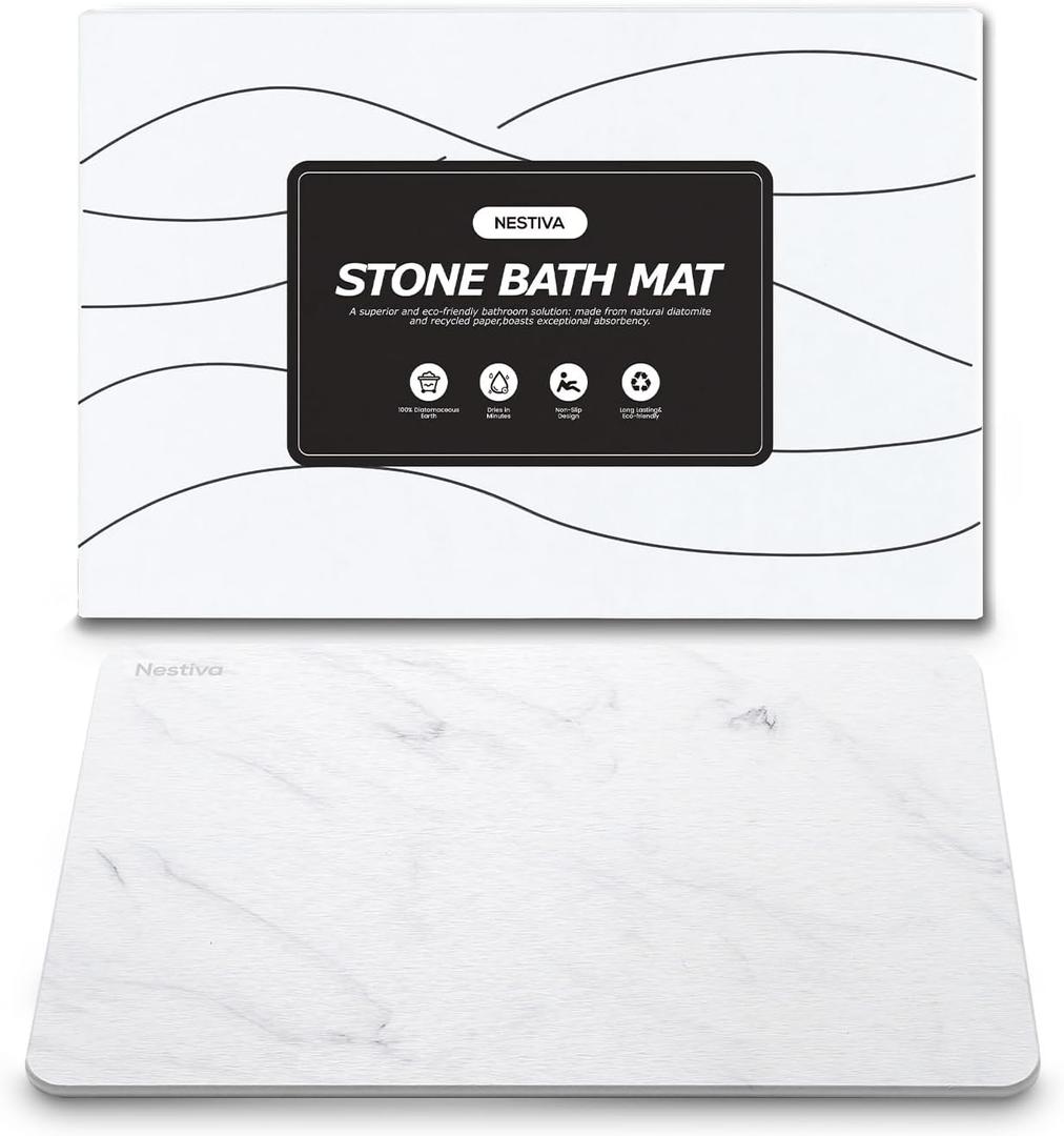 Stone Bath Mat 16 x 24, Non-Slip Diatomaceous Marble Earth Bathroom Rug, Quickly Dry Absorbsent Mat for Bathroom, Toilet, Kitchen, Entry (White)