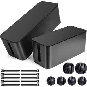 Cable Management Box, 2 Pack Large & Medium Cable Organizer Box with 17 PCS Cable Management Set, Cord Organizer Box to Hide Surge Protector on Desk or Floor (Black) (Bamboo Style Black)