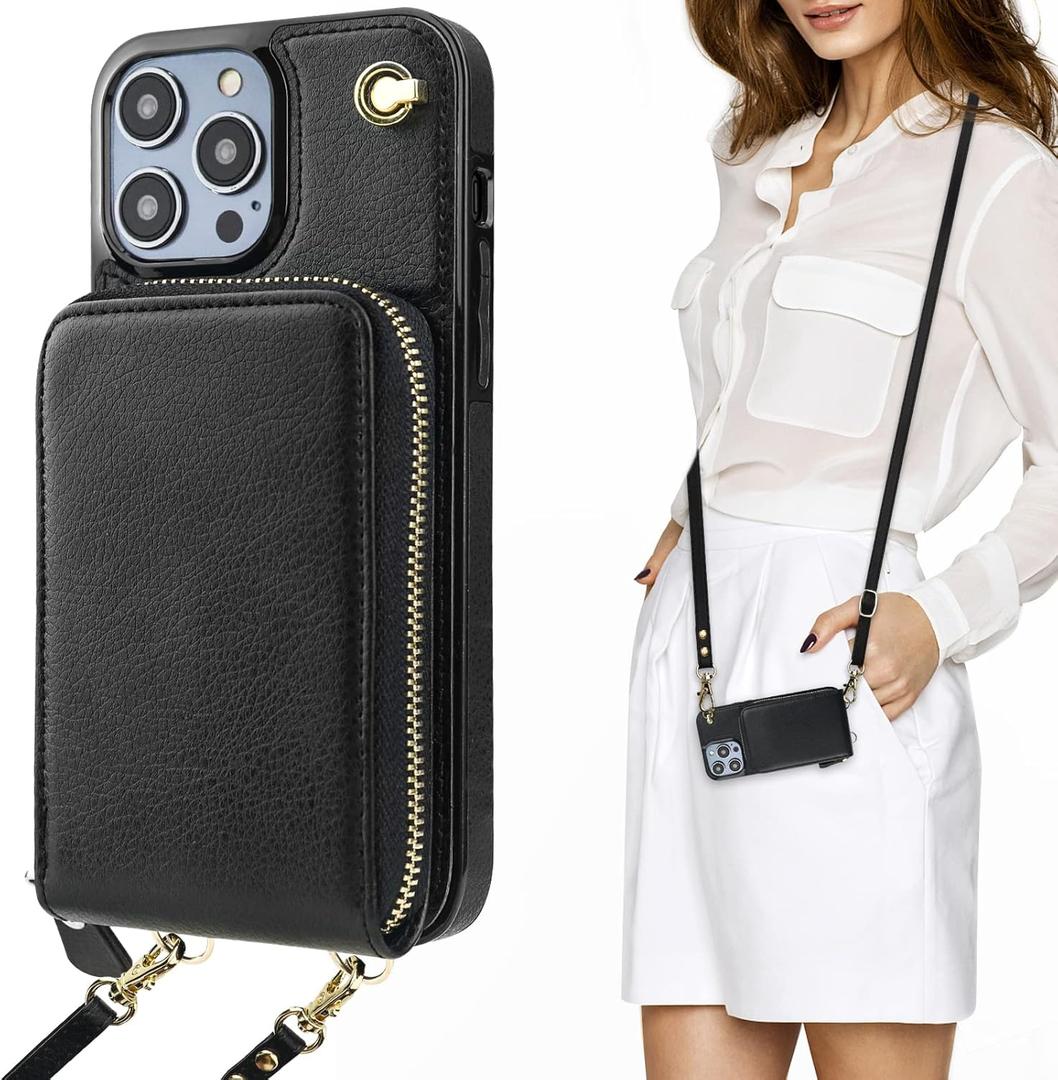 KIHUWEY Crossbody Wallet Case for iPhone 14 Pro Max, Zipper Pocket Case with Card Holder, PU Leather RFID Blocking Protective Cover with Kickstand and Detachable Wrist Strap Lanyard, 6.7" (Black)