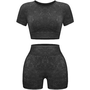 OLCHEE Womens Workout Sets 2 Piece - Seamless Acid Wash Yoga Outfits Shorts and Crop Top Matching Gym Athletic Clothing Set Large