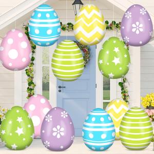 Jetec 12 Pcs 12 Inch Easter Egg Inflatable Decorations Hanging Inflatable Easter Balloons Decor PVC Large Outdoor Colorful Eggs Bunny Text Blow up Yard Ornaments for Lawn Garden Party(Basic)