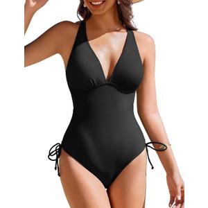 AI'MAGE Womens One Piece Swimsuits V Neck Tummy Control Bathing Suit Criss Cross Back Slimming Swimwear with Drawstring (Small, Black)
