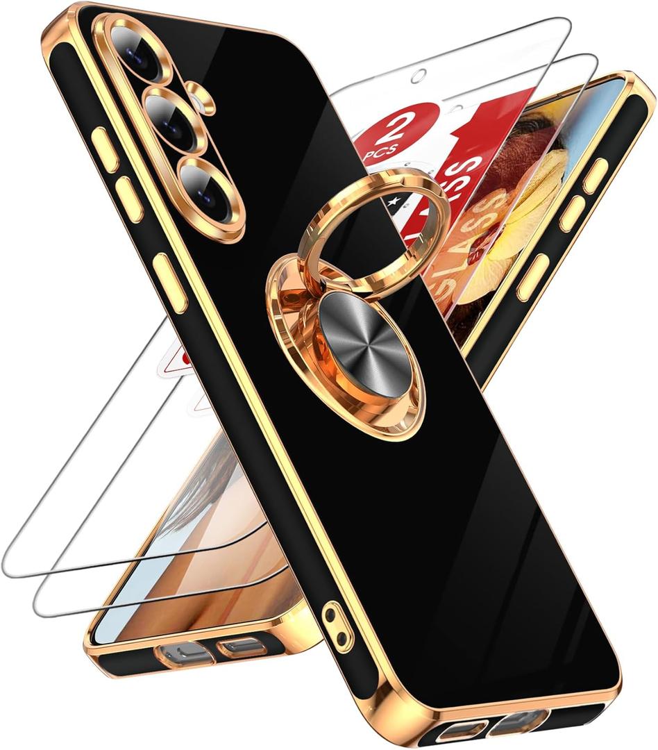 LeYi for Samsung Galaxy S25-FE Case: [   ] 2 Pack Screen Protector and 360 Rotatable Ring Holder Magnetic Kickstand, Plating Rose Gold Edge Cell Basic Funda para S25FE, Black