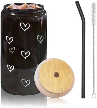 Jlmcreations Heart Patterned Cup With Bamboo Top + Glass Straw | 16oz Can Shaped Glass | Smoothie and Iced Coffee Cup