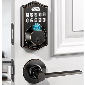 keyless Entry Door Lock deadbolt with Handle Set-Front Smart Door Locks for Front Door-with 2 Lever Handles-Electronic Keypad Code Deadbolt,Fingerprint Door Lock-Auto Lock (Oil Rubbed Bronze)