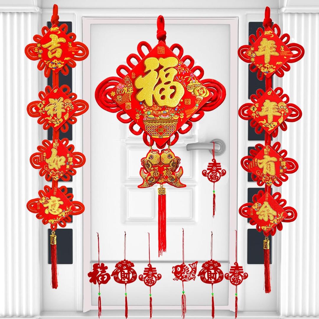 Chinese New Year Decorations 2026 Red Chinese Knot FU-Character and Chinese Couplets for Year of The Horse Lunar New Year Decoration Lucky Hanging Ornaments Spring Festival Party Decor 27 PCS
