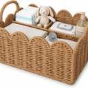 Diaper Caddy Organizer, Paper Rope Storage Baskets Nursery Bin with Removable Divider, Woven Scalloped Portable Car Organizer for Diapers, Baby Shower Gifts, Newborn Essentials Must Haves