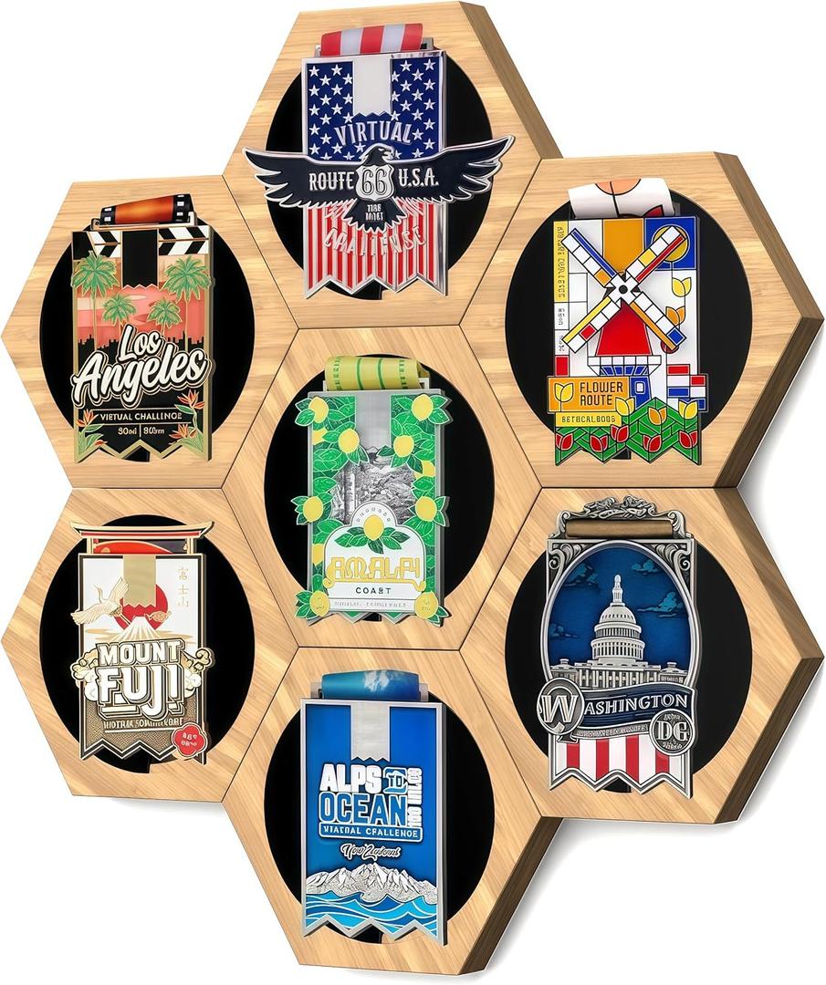 Medal Hanger Display - Honeycomb Design, Bamboo Medal Holder, Easy No-Drill Adhesive Mounting, Stylish Wall-Mounted Medal Rack