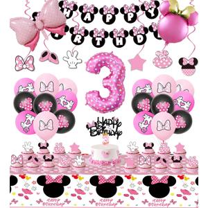Pink Mouse 3rd Birthday Party Supplies, Three Years Old Girl Bow Party Decorations 3 Includes Happy Birthday Banner, Hanging Swirls, Tablecloth, Cake Cupcake Toppers, Bow Foil Balloon, Latex Balloons