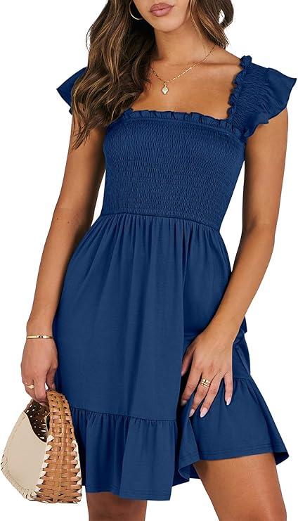 ANRABESS Women's Summer Casual Sleeveless Square Neck Dress 2026 Smocked Ruffle Backless Boho Beach Cute Teen Short Sundress, Dark Sea Blue Medium