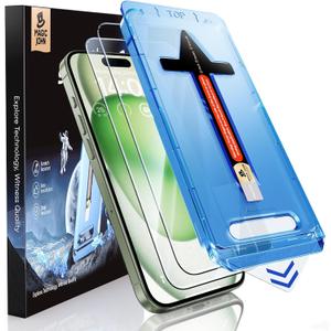 MAGIC JOHN 2 Pack for iPhone 15 Plus 6.7 inch Tempered Glass Screen Protector, Auto Dust-Elimination Installation, Bubble Free, Dynamic Island Compatible, HD Clear, Easy Installation