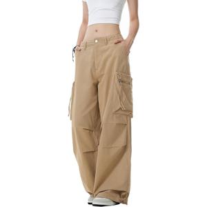 Womens Parachute Cargo Pants Y2K Baggy Cargo Pants Wide Leg Casual Joggers with Pockets (Beige, M)