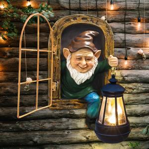 Gnomes Statue with Solar Lights Christmas Decorations Whimsical Fairy Garden-Elf Outdoor Tree Hugger Garden Statues- Tree Face Sculpture, Yard Art for Patio,Fence,Lawn,Wall Gnomes Ornament (Brown)