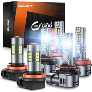 SEALIGHT 9005/HB3 H11/H9/H8 Light Bulbs Combo and F1 H11 LED Fog Light Bulbs 66,000LM Ultra-Bright 6500K 9005 H11 Bulbs with 14000RPM Cooling Fan, 360 Illumination, True Plug-N-Play, Pack of 6 (White)